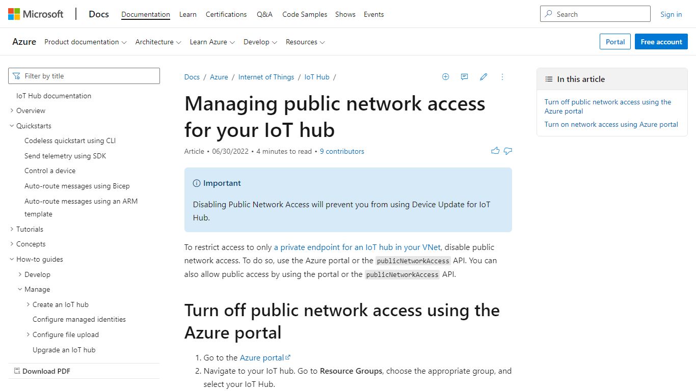 Managing public network access for Azure IoT Hub